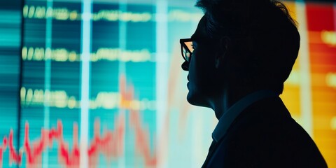 A man in silhouette is observing a rising financial chart showcased on an LCD screen, with particular focus on the man s eyeglasses and the financial elements depicted in the chart.
