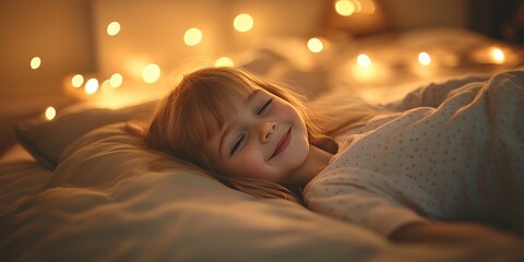 Joyful little girl resting in bed at home, exuding happiness and comfort. The happy little girl enjoys the cozy atmosphere, making her bed a perfect place for dreams and joy.
