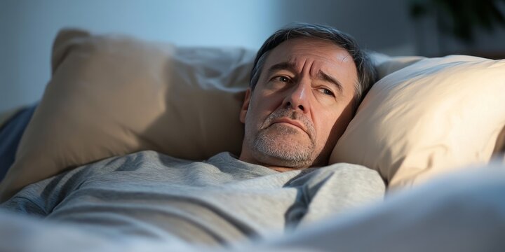 Middle aged man experiencing insomnia lies in bed on a pillow, struggling with his sleeping disorder. Alone at home, this middle aged man faces the challenges of sleepless nights.