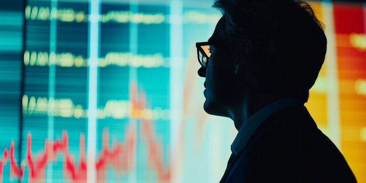 A man in silhouette is observing a rising financial chart showcased on an LCD screen, with particular focus on the man s eyeglasses and the financial elements depicted in the chart.