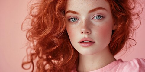 Fototapeta premium A beautiful redheaded girl showcases her charm in pink clothes, highlighting concepts of cosmetology and spa treatments, perfect for conveying the essence of beauty and wellness in imagery.