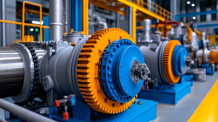 Industrial Powerhouse: A close-up view of a row of massive industrial gears, their intricate mechanisms and vibrant yellow and blue paint reflecting the strength and precision of modern manufacturing.