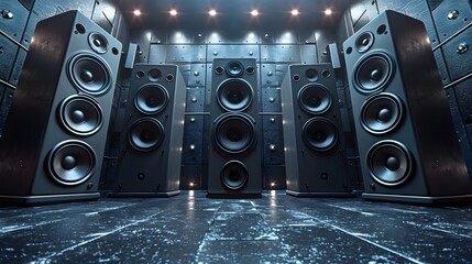 A powerful audio system. Array of speakers in studio