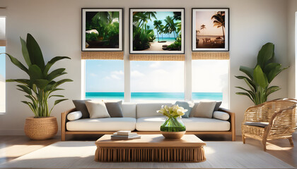 Modern living room interior with fireplace, wooden furniture, and large windows