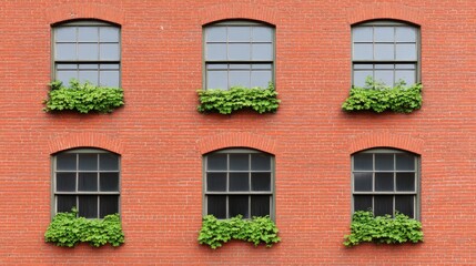 Red Brick Wall with Windows and Plants: A symmetrical view of a red brick building, featuring six windows with window boxes overflowing with lush green plants.