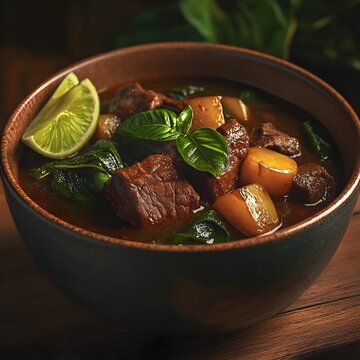 Madagascan romazava, a savory stew made with beef, cassava leaves, and green vegetables. Served in a deep ceramic bowl, garnished with a wedge of lime.