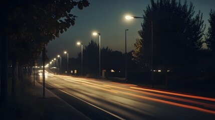 A nighttime street scene with illuminated lamps and light trails from passing vehicles.