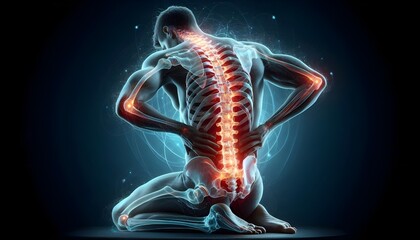 Spinal health visualization. Man experiencing back pain with glowing depiction of spine, emphasizing complex structure and vulnerability of spinal region to injuries and strain.
