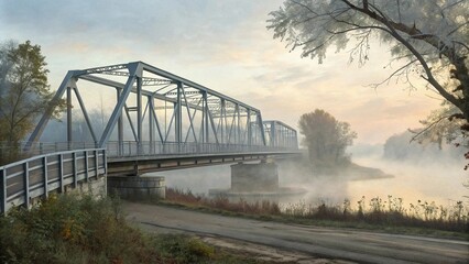 Obraz premium Impressionist style painting of a modern metal bridge in the misty morning with fog, foggy, outdoors, colors, modern metal bridge