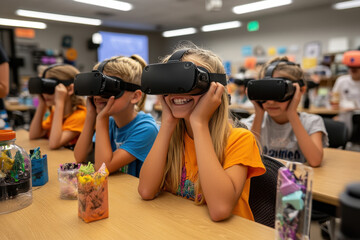 Children engaged in virtual reality learning in a classroom, showcasing excitement and technology integration in education.
