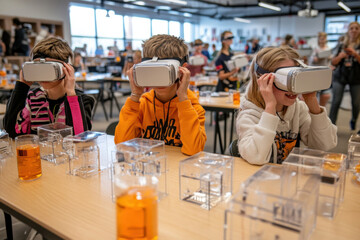Students are engaged in a virtual reality learning experience, using headsets while interacting with clear containers on their desks.