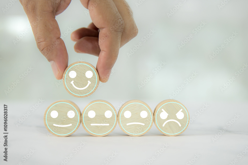 Aufkleber hand choose wooden toy with customer service smile face icon for best excellent satisfaction survey 