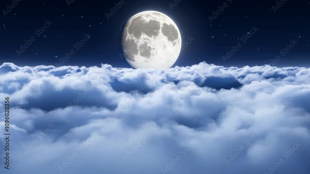 Poster a luminous full moon shines brightly, suspended over a blanket of soft clouds. the deep blue sky is 