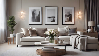 Modern living room interior with comfortable sofa, elegant table, and stylish decor