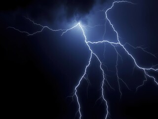 Intense lightning strike against a deep navy background, electric discharge, stormy clouds