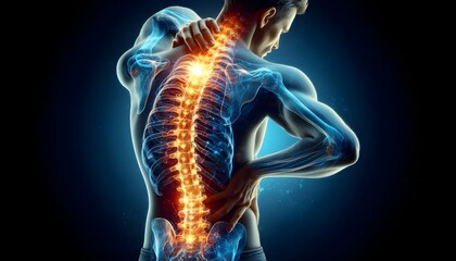 Spinal health visualization. Man experiencing back pain with glowing depiction of spine, emphasizing complex structure and vulnerability of spinal region to injuries and strain.