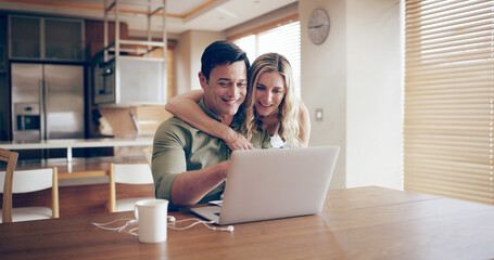 Finance, couple and home with laptop, hug and smile from investment, banking and savings check. Love, online and technology with good news, bonding and support from email and web search on internet