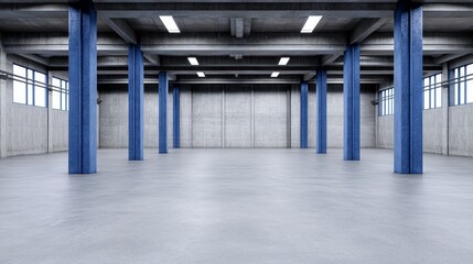 Industrial Space: A vast, open industrial space with sleek concrete flooring and sturdy blue columns. The high ceilings and ample natural light create a sense of spaciousness and potential.