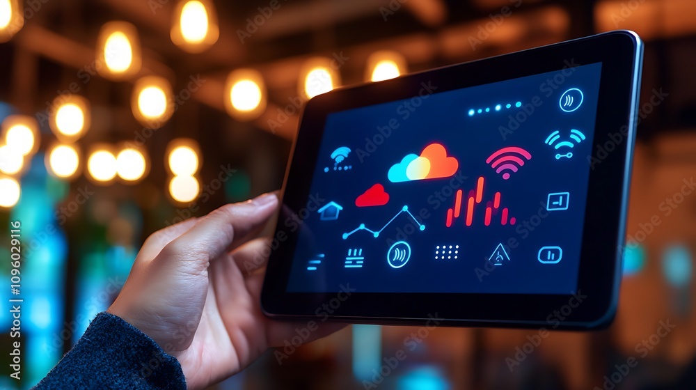 Poster modern technology interface displaying cloud services and data analytics on a tablet device in a coz