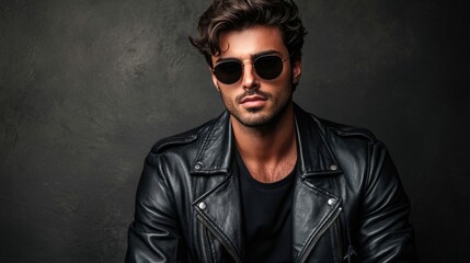 Fototapeta premium A confident and handsome man in a leather jacket and sunglasses exudes style and charisma. This portrait captures the essence of a confident man with a leather jacket, ideal for various designs.