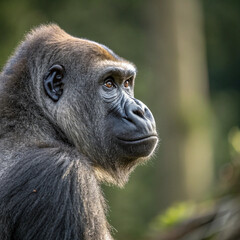 Obraz premium animal, mammal, wildlife, wild, nature, zoo, portrait, endangered, black, face, congo, lowland, fur, hairy, big, endangered species, thinking, western, eyes, jungle, great ape, primates, strong, lowla