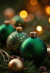 Luxury christmas ornaments, green and gold, bokeh effects and sparkles