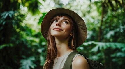 Young woman enjoying her travel experience in a serene forest, surrounded by lush greenery. The portrait captures her adventurous spirit, with ample copy space for text.