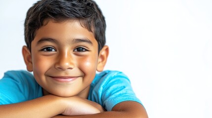 Cheerful young Latin boy with a warm smile against a bright white background, radiating joy and innocence. Ideal for capturing youthful exuberance with ample photo style copy space.