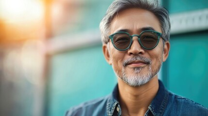 Fototapeta premium Stylish portrait of a handsome mature Asian man with a hipster vibe, emphasizing his unique fashion sense and eye-catching features. Ideal for lifestyle and fashion concepts, with ample copy space.