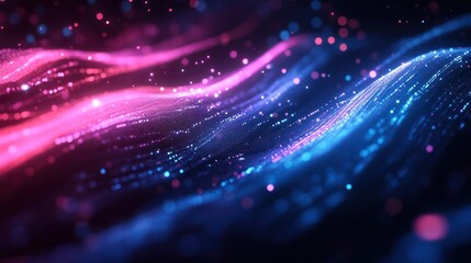 Abstract digital data visualization with blue and pink lines and graphs on a black background.