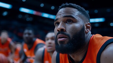 Intense Basketball Player Focused During Game in Arena with Team Members in Background, Capturing the Competitive Spirit of Sportsmanship and Team Dynamics in Action