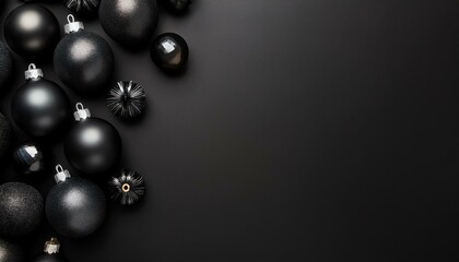 Fototapeta premium Top view of orange fruits, cinnamon and star anise spice, and silver Christmas ornaments, pine branches on black 