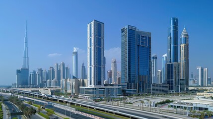 Modern glass skyscrapers with clean, sharp lines against the skyline.