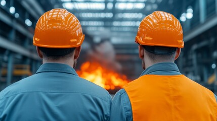 Steelworks Intensity: Two industrial workers, viewed from behind, stand before a fiery furnace, showcasing their dedication and the intense environment of a steel mill.  