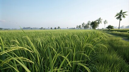 Fototapeta premium Lush green rice field with tall stalks swaying gently in the breeze, agricultural land, natural scenery