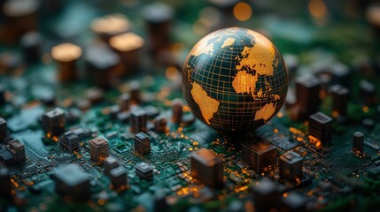 A globe rests on a circuit board, symbolizing the intersection of technology and the world.
