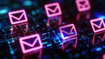 cybersecurity encryption incident response Concept. A vibrant digital display of glowing email icons against a futuristic background, symbolizing communication and technology.