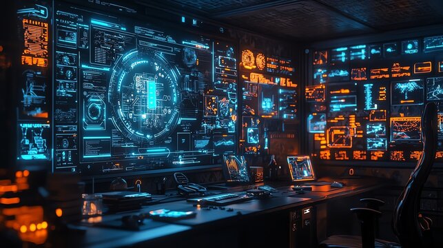 Futuristic digital command center with screens.