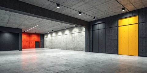 Obraz premium Minimalist concrete interior with dark walls and bright accent walls, dark walls, modern minimalism, clean lines, concrete interior, minimalist design