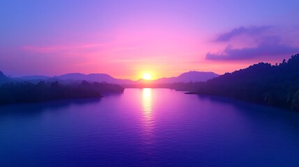 Fototapeta premium Serene Sunset Over Calm River Reflecting Vibrant Colors of Sky, Surrounded by Lush Mountains and Peaceful Nature in Tranquil Evening Atmosphere
