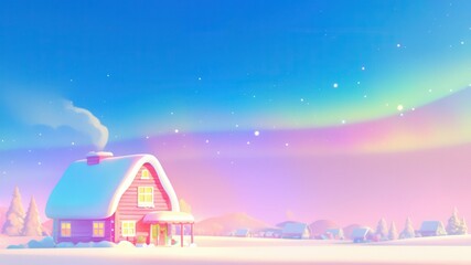 Christmas dreamland concept. Dreamy winter cabin, glowing aurora and rainbow lights in sky, fantastical backdrop