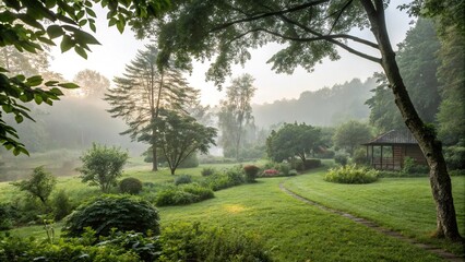 Misty morning in a lush green garden with soft light filtering through trees, landscape, natural, outdoor, serene