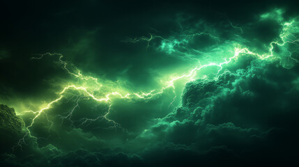 Vibrant green lightning illuminating dramatic nighttime thunderstorm clouds