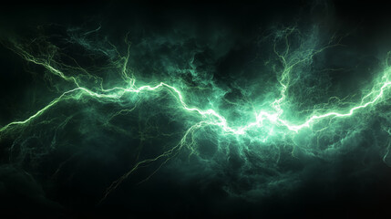 Fototapeta premium Dynamic green lightning bolt in dark thunderstorm sky