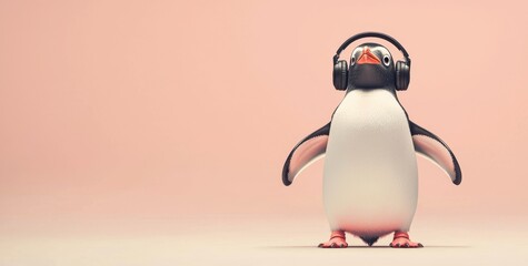 Fototapeta premium Cute Penguin with Black Headphones on Light Pink Background