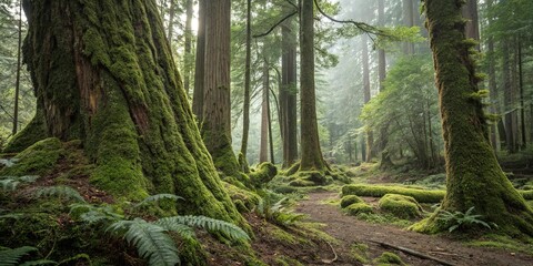 Fototapeta premium Moss-covered tree trunks blend seamlessly into surrounding foliage, undergrowth, moss covered trees