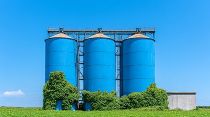 Blue Silos Under Summer Sky: Three vibrant blue silos stand tall against a clear blue sky, partially obscured by lush green vegetation, evoking a sense of industrial tranquility and summer's warmth.