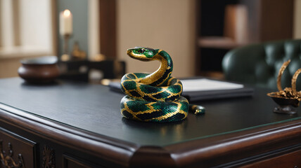 An abstract green snake elegantly coiled on a wooden office desk, captured with stunning depth of field. The festive New Year's illustration celebrates the Year of the Snake