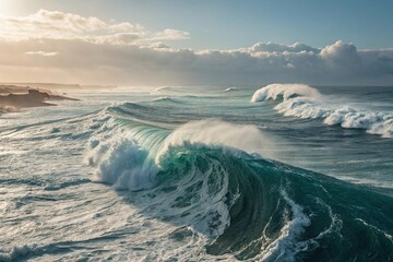 Naklejka premium Ocean waves in a state of transition from calm to turbulent, oceanic shapes, natural wonders, wave shapes, aquatic forms, turbulent waters