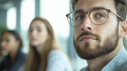 Obraz premium Young professionals participating in an educational workshop abroad, fostering collaboration, sleek architecture, gentle natural light streaming in.